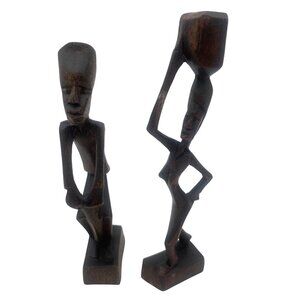 Hand-Carved Wooden Figurines 1980's  Kenya Women 7" Tall African Decor Art